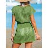 imageCUPSHE Women Crochet Swim Cover Up Short Sleeve V Neck Bathing Suit Beach Dress Summer Swimwear CoverupsGrass Green