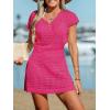 imageCUPSHE Women Crochet Swim Cover Up Short Sleeve V Neck Bathing Suit Beach Dress Summer Swimwear CoverupsHot Pink