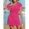 imageCUPSHE Women Crochet Swim Cover Up Short Sleeve V Neck Bathing Suit Beach Dress Summer Swimwear CoverupsHot Pink