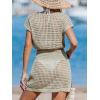 imageCUPSHE Women Crochet Swim Cover Up Short Sleeve V Neck Bathing Suit Beach Dress Summer Swimwear CoverupsKhaki