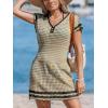 imageCUPSHE Women Crochet Swim Cover Up Short Sleeve V Neck Bathing Suit Beach Dress Summer Swimwear CoverupsKhaki and Black