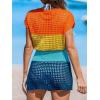 imageCUPSHE Women Crochet Swim Cover Up Short Sleeve V Neck Bathing Suit Beach Dress Summer Swimwear CoverupsRainbow Colorblock