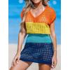 imageCUPSHE Women Crochet Swim Cover Up Short Sleeve V Neck Bathing Suit Beach Dress Summer Swimwear CoverupsRainbow Colorblock
