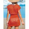 imageCUPSHE Women Crochet Swim Cover Up Short Sleeve V Neck Bathing Suit Beach Dress Summer Swimwear CoverupsRed Orange