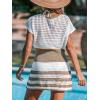 imageCUPSHE Women Crochet Swim Cover Up Short Sleeve V Neck Bathing Suit Beach Dress Summer Swimwear CoverupsStriped Brown