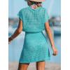 imageCUPSHE Women Crochet Swim Cover Up Short Sleeve V Neck Bathing Suit Beach Dress Summer Swimwear CoverupsTurquoise