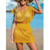imageCUPSHE Women Crochet Swim Cover Up Short Sleeve V Neck Bathing Suit Beach Dress Summer Swimwear CoverupsYellow