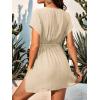 imageCUPSHE Womens Swimsuit Coverup Casual V Neck Beach Dress Short Sleeve Elastic Waist Swimwear Cover Ups 2025 BeachwearBeige