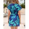imageCUPSHE Womens Swimsuit Coverup Casual V Neck Beach Dress Short Sleeve Elastic Waist Swimwear Cover Ups 2025 BeachwearBlue Leaf