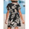 imageCUPSHE Womens Swimsuit Coverup Casual V Neck Beach Dress Short Sleeve Elastic Waist Swimwear Cover Ups 2025 BeachwearBrown Leaf
