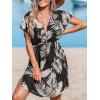 imageCUPSHE Womens Swimsuit Coverup Casual V Neck Beach Dress Short Sleeve Elastic Waist Swimwear Cover Ups 2025 BeachwearBrown Leaf