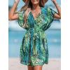 imageCUPSHE Womens Swimsuit Coverup Casual V Neck Beach Dress Short Sleeve Elastic Waist Swimwear Cover Ups 2025 BeachwearGreen Leaf