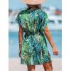 imageCUPSHE Womens Swimsuit Coverup Casual V Neck Beach Dress Short Sleeve Elastic Waist Swimwear Cover Ups 2025 BeachwearGreen Leaf