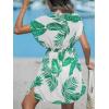 imageCUPSHE Womens Swimsuit Coverup Casual V Neck Beach Dress Short Sleeve Elastic Waist Swimwear Cover Ups 2025 BeachwearWhite Green Leaf