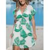 imageCUPSHE Womens Swimsuit Coverup Casual V Neck Beach Dress Short Sleeve Elastic Waist Swimwear Cover Ups 2025 BeachwearWhite Green Leaf