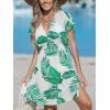 imageCUPSHE Womens Swimsuit Coverup Casual V Neck Beach Dress Short Sleeve Elastic Waist Swimwear Cover Ups 2025 BeachwearWhite Green Leaf