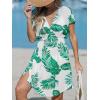 imageCUPSHE Womens Swimsuit Coverup Casual V Neck Beach Dress Short Sleeve Elastic Waist Swimwear Cover Ups 2025 BeachwearWhite Green Leaf