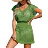 imageCUPSHE Women Crochet Swim Cover Up Short Sleeve V Neck Bathing Suit Beach Dress Summer Swimwear CoverupsGrass Green
