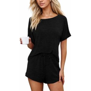 imageCUPSHE Short Sleeve Pajama Sets for Women Casual Crew Neck 2 Piece Lounge SetsBlack