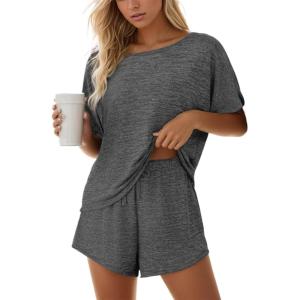 imageCUPSHE Short Sleeve Pajama Sets for Women Casual Crew Neck 2 Piece Lounge SetsDark Grey