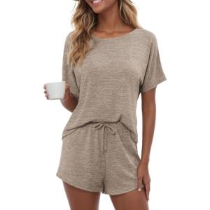 imageCUPSHE Short Sleeve Pajama Sets for Women Casual Crew Neck 2 Piece Lounge SetsKhaki