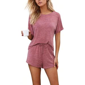 imageCUPSHE Short Sleeve Pajama Sets for Women Casual Crew Neck 2 Piece Lounge SetsMaroon Red