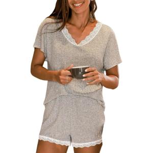 imageCUPSHE Short Sleeve Pajama Sets for Women Casual Crew Neck 2 Piece Lounge SetsXgrey