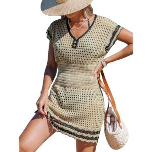 imageCUPSHE Women Crochet Swim Cover Up Short Sleeve V Neck Bathing Suit Beach Dress Summer Swimwear CoverupsKhaki and Black