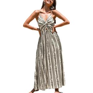 imageCUPSHE Womens Maxi Dress Floral Print Twisted V Neck Sleeveless Long Dress Summer Casual DressBlack Striped