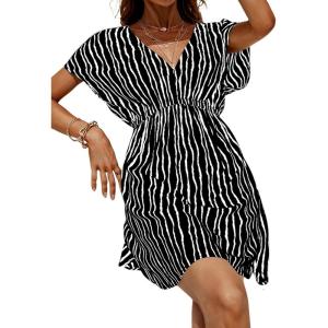 imageCUPSHE Womens Swimsuit Coverup Casual V Neck Beach Dress Short Sleeve Elastic Waist Swimwear Cover Ups 2025 BeachwearBlack Stripes
