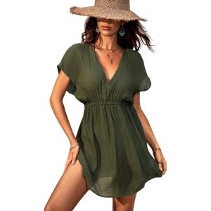 imageCUPSHE Womens Swimsuit Coverup Casual V Neck Beach Dress Short Sleeve Elastic Waist Swimwear Cover Ups 2025 BeachwearDark Green
