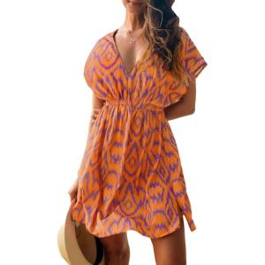 imageCUPSHE Womens Swimsuit Coverup Casual V Neck Beach Dress Short Sleeve Elastic Waist Swimwear Cover Ups 2025 BeachwearOrange Geometric