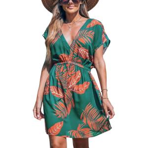 imageCUPSHE Womens Swimsuit Coverup Casual V Neck Beach Dress Short Sleeve Elastic Waist Swimwear Cover Ups 2025 BeachwearOrange Leaf