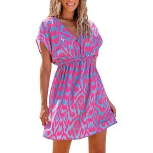 imageCUPSHE Womens Swimsuit Coverup Casual V Neck Beach Dress Short Sleeve Elastic Waist Swimwear Cover Ups 2025 BeachwearOrpurple