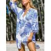 imageCUPSHE Women Mini Summer Dress Cover Up Floral Shirt 34 Sleeve Cuff Tie Button Down Sundress Beach Dresses Cover Up TopBlue Leaf