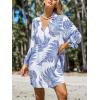 imageCUPSHE Women Mini Summer Dress Cover Up Floral Shirt 34 Sleeve Cuff Tie Button Down Sundress Beach Dresses Cover Up TopBlue Leaf