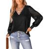 imageCUPSHE Long Sleeve Tops for Women Eyelet Scalloped Lace V Neck Blouse Casual Loose Fashion ShirtsBlack