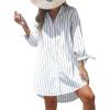 imageCUPSHE Women Mini Summer Dress Cover Up Floral Shirt 34 Sleeve Cuff Tie Button Down Sundress Beach Dresses Cover Up TopWhite Pinstriped