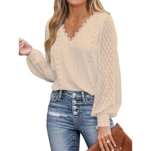 imageCUPSHE Long Sleeve Tops for Women Eyelet Scalloped Lace V Neck Blouse Casual Loose Fashion ShirtsApricot