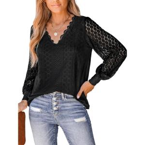 imageCUPSHE Long Sleeve Tops for Women Eyelet Scalloped Lace V Neck Blouse Casual Loose Fashion ShirtsBlack