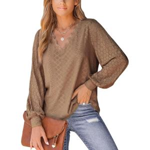 imageCUPSHE Long Sleeve Tops for Women Eyelet Scalloped Lace V Neck Blouse Casual Loose Fashion ShirtsBrown