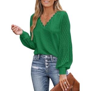 imageCUPSHE Long Sleeve Tops for Women Eyelet Scalloped Lace V Neck Blouse Casual Loose Fashion ShirtsDark Green