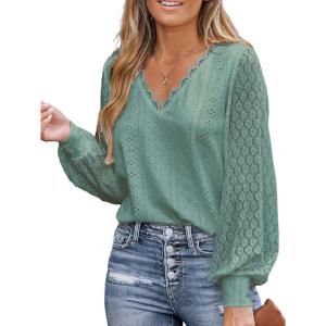 imageCUPSHE Long Sleeve Tops for Women Eyelet Scalloped Lace V Neck Blouse Casual Loose Fashion ShirtsGreen