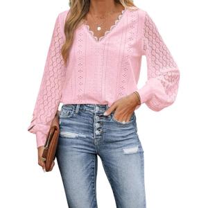 imageCUPSHE Long Sleeve Tops for Women Eyelet Scalloped Lace V Neck Blouse Casual Loose Fashion ShirtsLight Pink