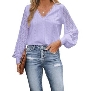 imageCUPSHE Long Sleeve Tops for Women Eyelet Scalloped Lace V Neck Blouse Casual Loose Fashion ShirtsLight Purple
