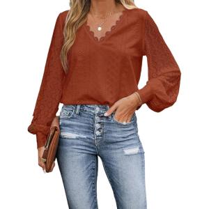 imageCUPSHE Long Sleeve Tops for Women Eyelet Scalloped Lace V Neck Blouse Casual Loose Fashion ShirtsRed