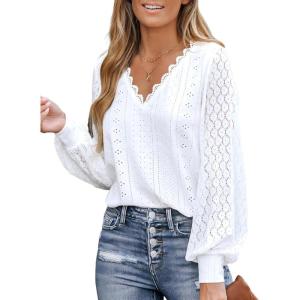 imageCUPSHE Long Sleeve Tops for Women Eyelet Scalloped Lace V Neck Blouse Casual Loose Fashion ShirtsWhite