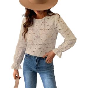 imageCUPSHE Women Eyelet Long Sleeve Tops Shirts Dressy Hollow Out Crochet Lace Embroidered Blouses 2025 FashionBeige