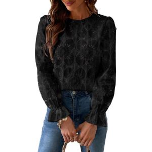 imageCUPSHE Women Eyelet Long Sleeve Tops Shirts Dressy Hollow Out Crochet Lace Embroidered Blouses 2025 FashionBlack