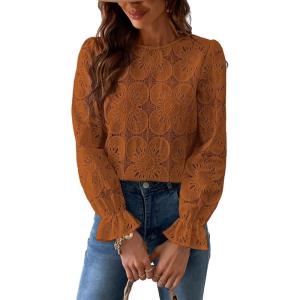 imageCUPSHE Women Eyelet Long Sleeve Tops Shirts Dressy Hollow Out Crochet Lace Embroidered Blouses 2025 FashionBrick Red